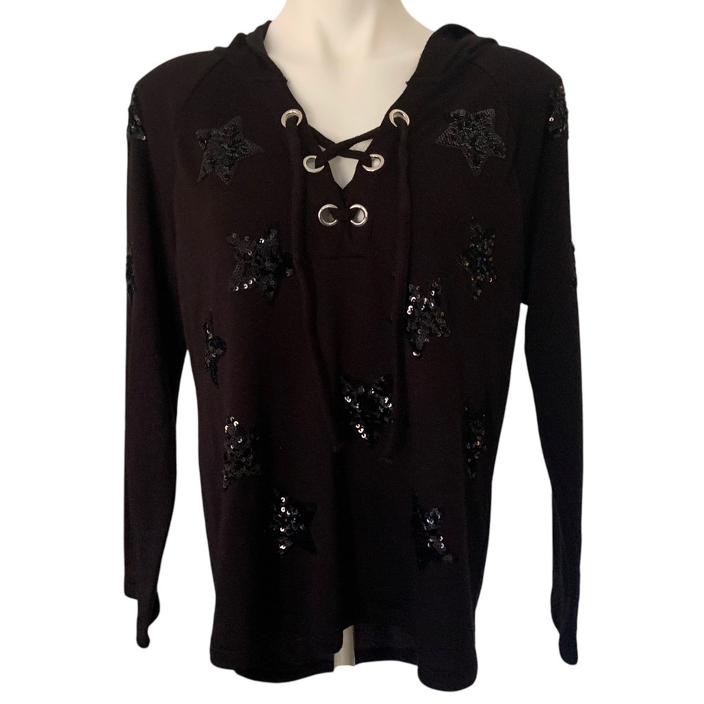 Inc International Whimsigoth Black Sequin Star Lace Neck Sweater Hoodie Sz M